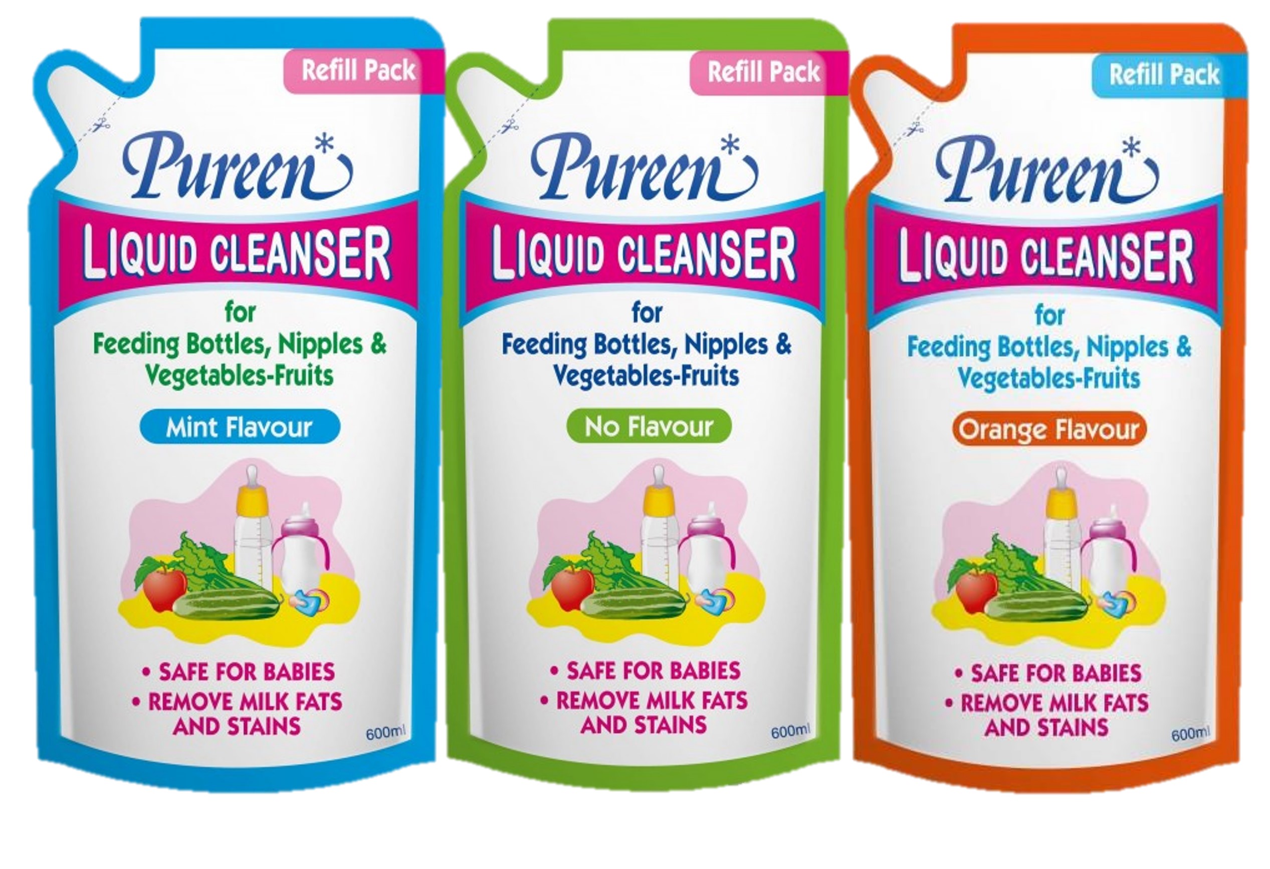 Pureen Liquid Cleanser Refill Pack 600ml (Mint/Orange/No Flavour)